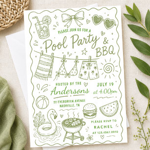 Convites Festa de Piscina com Churrasco de Verão Desenho à