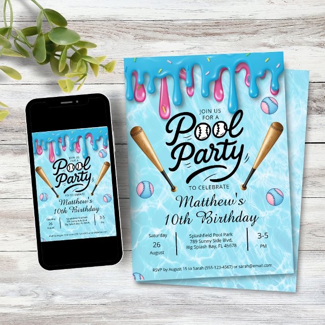 Convites Festa de Piscina com Gotejamento de Beisebol Crian (Baseball Drip Pool Party Birthday Invitation)