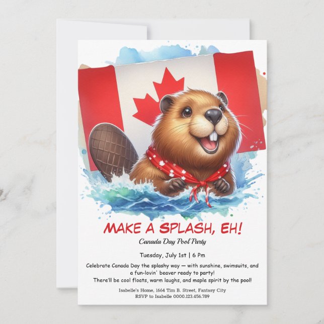 Convites Festa de piscina com o Beaver Divertido | Dia do C (Frente)