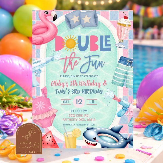 Convites Festa de piscina conjunta de irmão Dupla diversão  (Criador carregado)