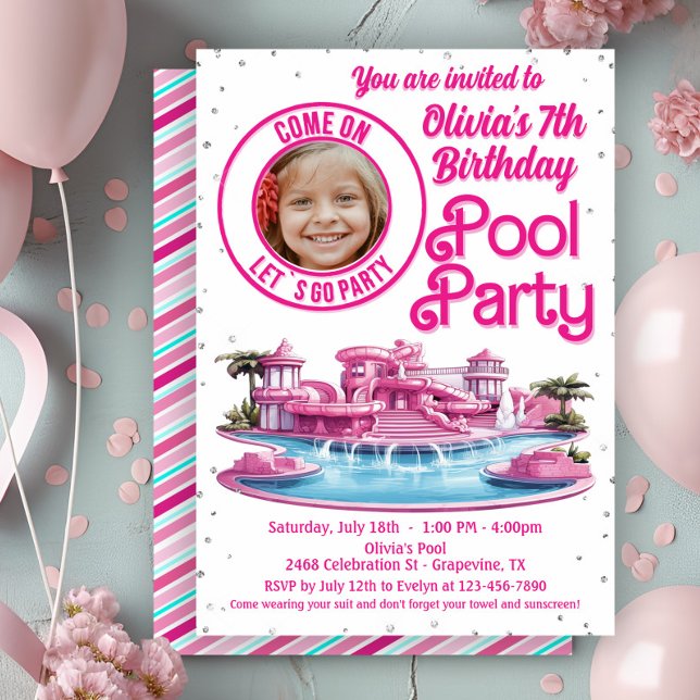 Convites Festa de Piscina da Boneca Malibu Rosa  (Cute Malibu doll pool party invitation with spot for your photo. Any age - simply add your details.)