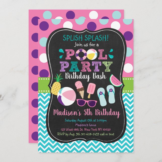 Convites Festa de Piscina das Meninas Bonitas Aniversário d (Frente/Verso)
