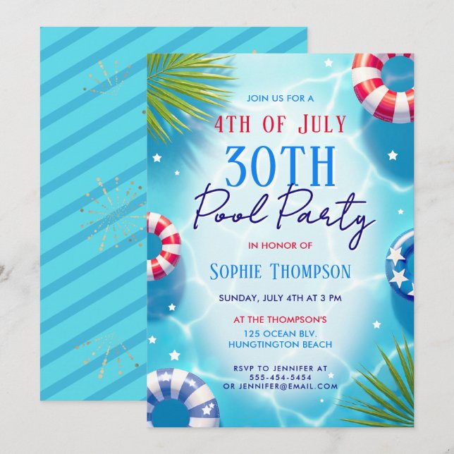 Convites Festa de Piscina de 4 de Julho Mulher Aniversário  (Frente/Verso)