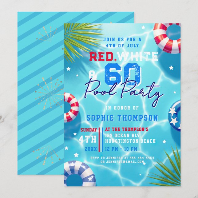 Convites Festa de Piscina de 4 de Julho Mulher Moderna 60º  (Frente/Verso)