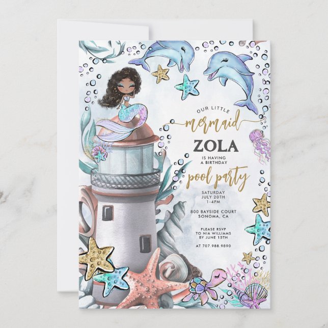 Convites Festa de Piscina de Aniversário Azul Sereia Rosa (Frente)