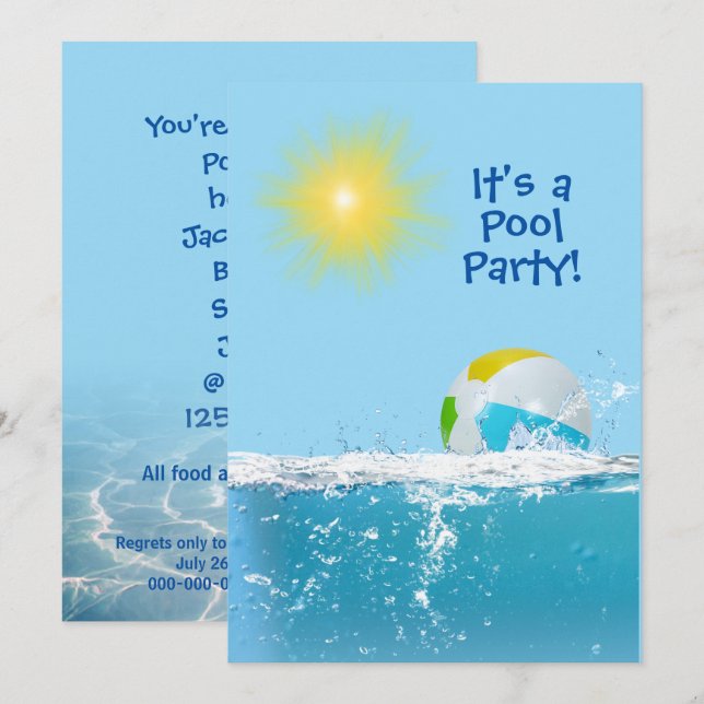 Convites Festa de Piscina de Aniversário com Bola de Praia (Frente/Verso)