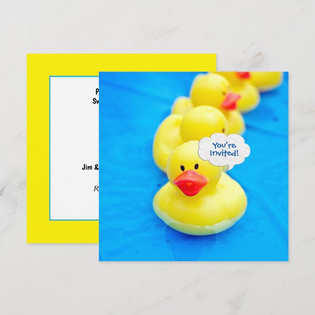 Convites Festa de Piscina de aniversário com Patos Amarelos (Frente/Verso)