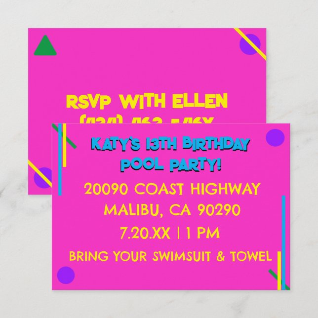 Convites Festa de Piscina de aniversário da 13 da anos 80 R (Frente/Verso)