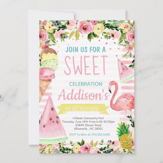 Convites Festa de piscina de aniversário de Sorvete (Frente)