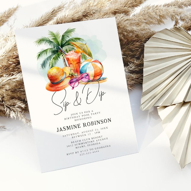 Convites Festa de Piscina de Aniversário do Adulto Sip (Criador carregado)