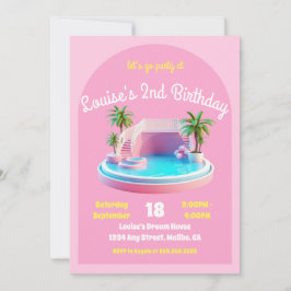 Convites Festa de Piscina de Aniversário do Retro Beach Dol