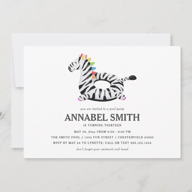 Convites Festa de Piscina de Aniversário do Zebra Float (Frente)