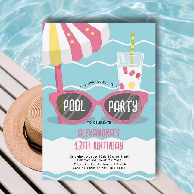Convites Festa de Piscina de Aniversário Gelado Rosa Óculos (pool birthday party invitations for teens girls tween thirteen sunglasses cute unique cool orange)