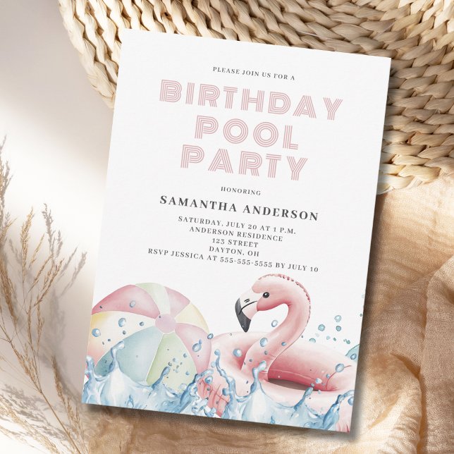 Convites Festa de Piscina de Aniversário Rosa Moderna (Criador carregado)