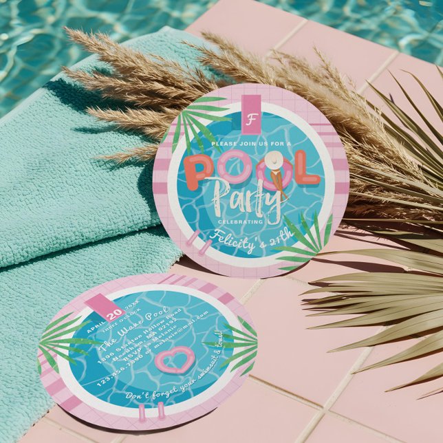 Convites Festa de Piscina de Aniversário Tropical Rosa e Az (Fun Pink Tropical Palm Summer Pool Party Birthday Invitation)