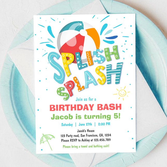 Convites Festa de Piscina de Bash Boy Birthday Splash Splas (Criador carregado)