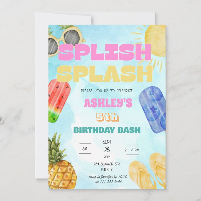 Convites Festa de Piscina de Bash Girl Splash Splash Birthd (Frente)