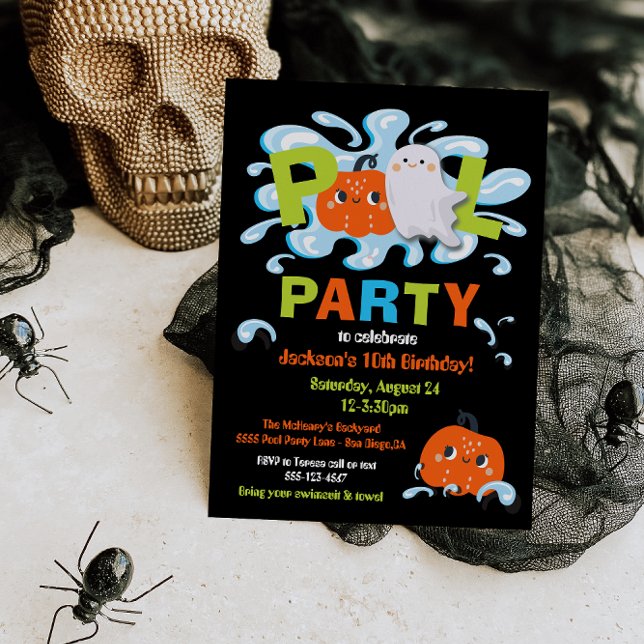 Convites Festa de Piscina de BIrthday Halloween (Criador carregado)