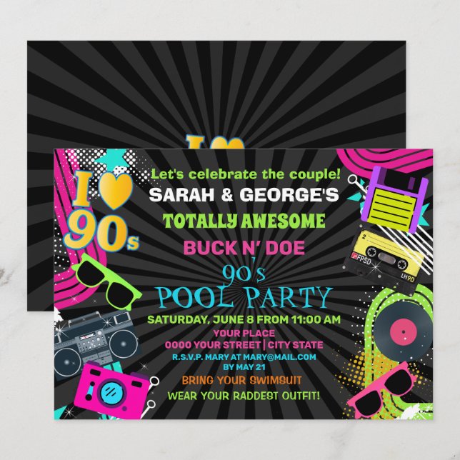 Convites Festa de Piscina de Casais Neon Totalmente Incríve (Frente/Verso)