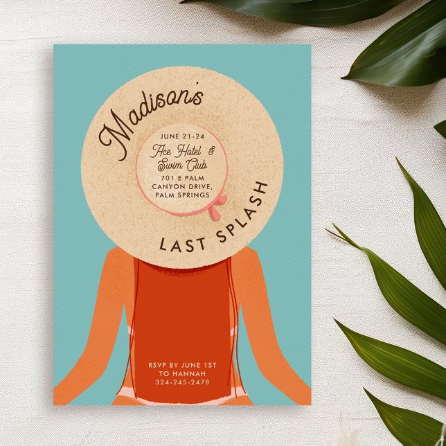 Convites Festa de Piscina de Despedida de Solteira de Cabel (ginger hair and tan skin girl wearing a beach hat - bachelorette pool party invitation)