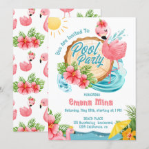 Festa de piscina de flamingo rosa em aquarela fofa