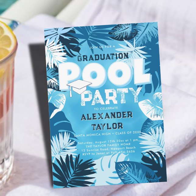 Convites Festa de Piscina de Formatura Tropicalidade Verdej (graduation pool party invitation tropical botanical greenery foliage template blue white backyard)