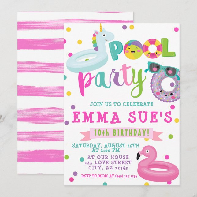 Convites Festa de Piscina de Garota Unicorn Flamingo Float  (Frente/Verso)