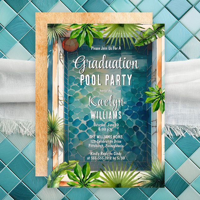 Convites Festa de Piscina de Graduação de Verão de Estilo M (Luxury Mediterranean Style Summer Graduation Pool Party Invitation - Print | Digital Download)