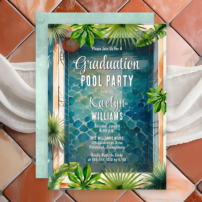 Convites Festa de Piscina de Graduação de Verão de Estilo M (Luxury Mediterranean Style Summer Graduation Pool Party Invitation - Print | Digital Download)