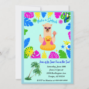 Convites Festa de Piscina de Llama, no verão, personalizada