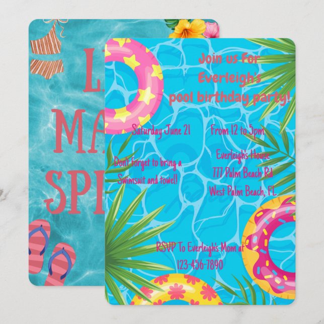 Convites Festa de Piscina de Meninas Aniversário de Verão (Frente/Verso)