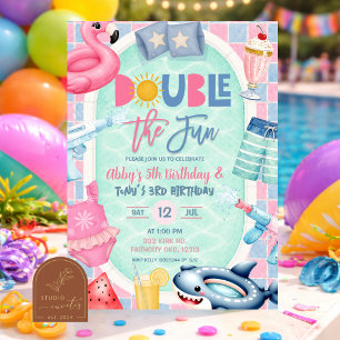 Convites Festa de piscina de menino conjunto de irmãos dobr