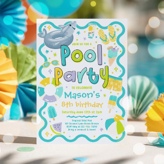 Convites Festa de Piscina de Menino Verão Tropical Natação 