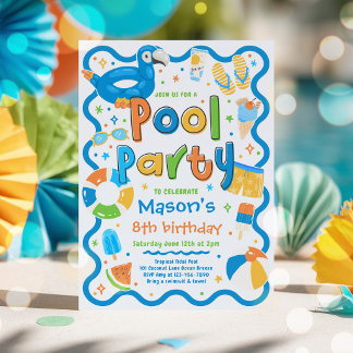 Convites Festa de Piscina de Menino Verão Tropical Natação 