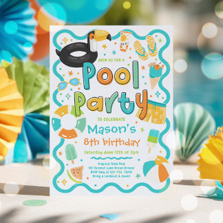 Convites Festa de Piscina de Menino Verão Tropical Natação 