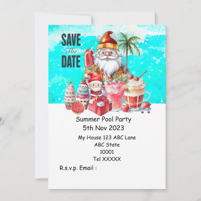 Convites Festa de Piscina de Natal com Bebidas de Papai Noe (Frente)