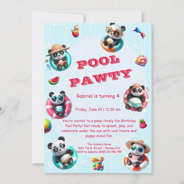 Convites Festa de Piscina de Panda Cuja Festa de Aniversári (Frente)