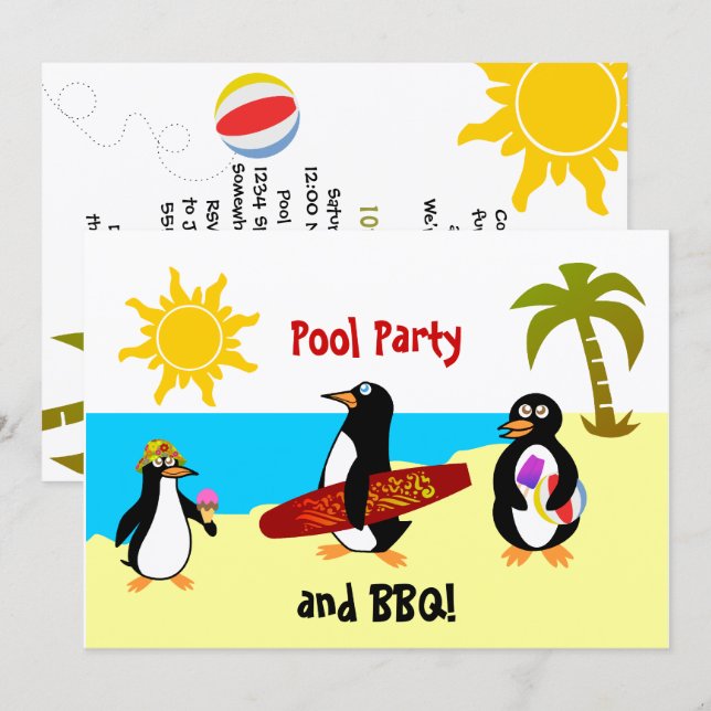 Convites Festa de Piscina de Pinguim/Festa de Praia (Frente/Verso)