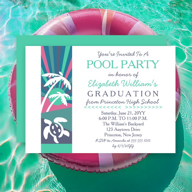 Convites Festa de Piscina de Pós-Graduação em Sunset Retro  (Retro Beach Sunset Graduation Pool Party Invitation - Print | Digital Download)