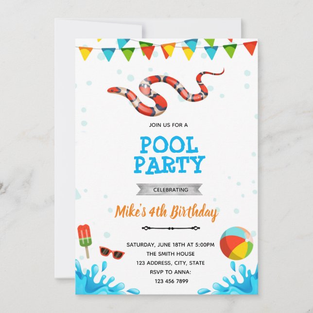 Convites festa de piscina de praia cobra (Frente)