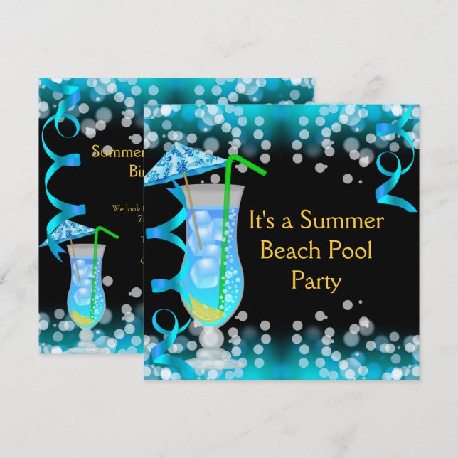 Convites Festa de Piscina de praia de Cocktail Blue Summer (Frente/Verso)