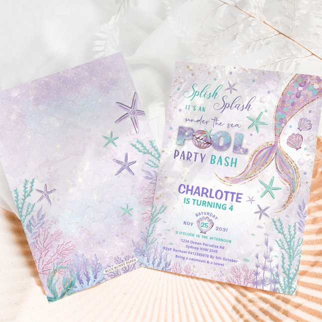 Convites Festa de Piscina de Sereia Cuta Sob o Aniversário  (Criador carregado)