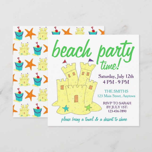 Convites Festa de Piscina de Summer Beach, Sandcastle Starf (Frente/Verso)