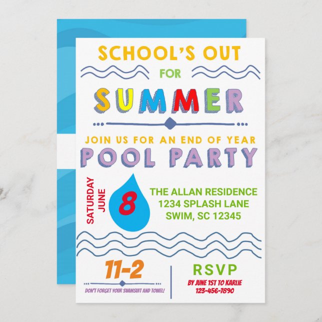 Convites Festa de Piscina de Verão (Frente/Verso)