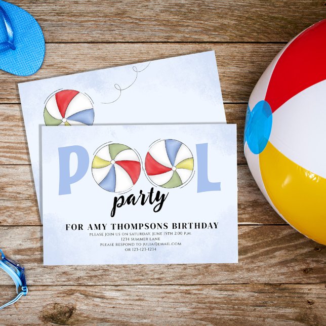 Convites Festa de Piscina de Verão, Balls de praia de anive (Colorful Pool Party Beach Balls Custom Invitations.)