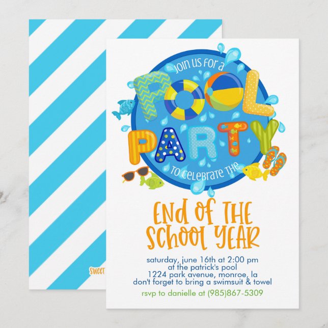 Convites Festa de Piscina de Verão, Festa do Fim do Ano Esc (Frente/Verso)