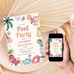 Convites Festa de Piscina de Verão Moderna, de Watercolor,<br><div class="desc">Jogue uma festa de piscina para o doce aniversário de 16 anos da sua filha com este convite legal e chic com elementos de aquarela de verão.</div>
