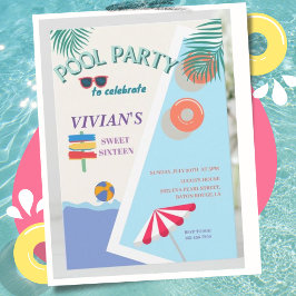 Convites Festa de Piscina de Verão Moderna Doce 16 Aniversá