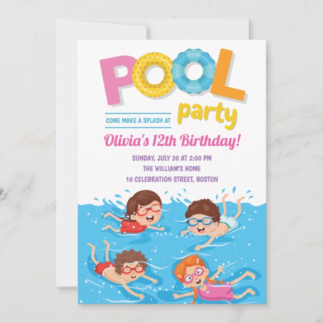Convites Festa de Piscina de Verão para crianças bonitas An (Frente)