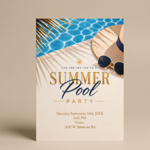 Convites Festa de Piscina de Verão Tema Luxuoso à Beira da